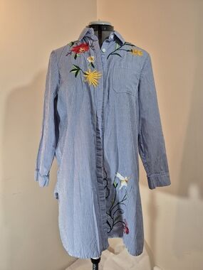 HAODUOYI Blue & White Striped Embroidered Tunic with Floral Accents
